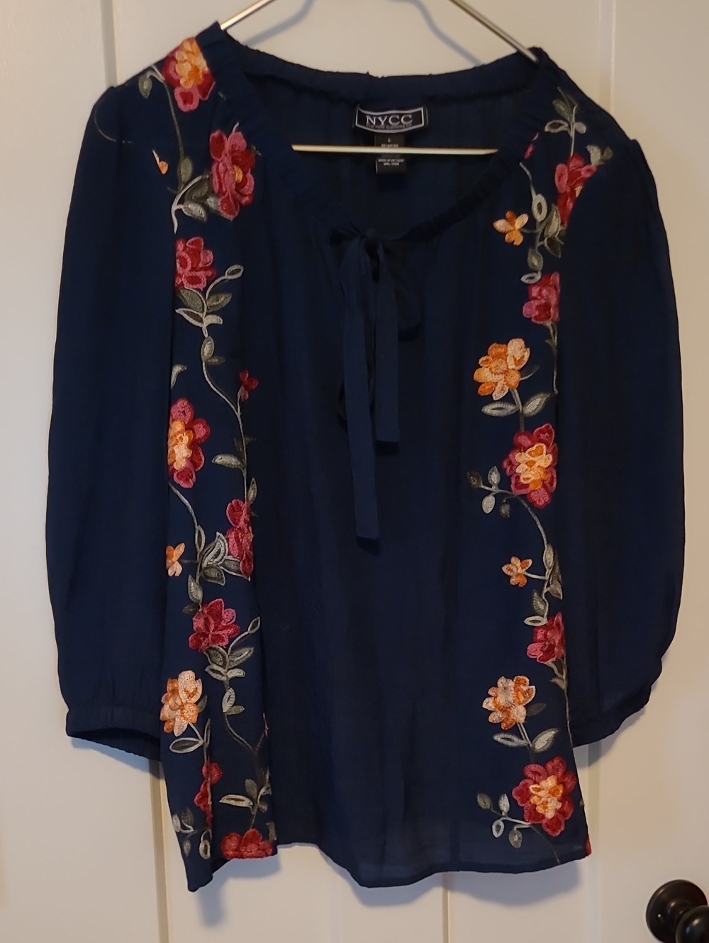 NYCC Navy Floral Embroidered Tie-Neck Blouse